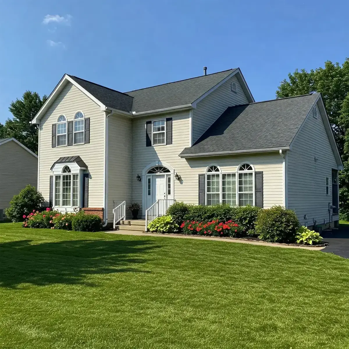 Two-story home with tan vinyl siding, black shutters and an arched window