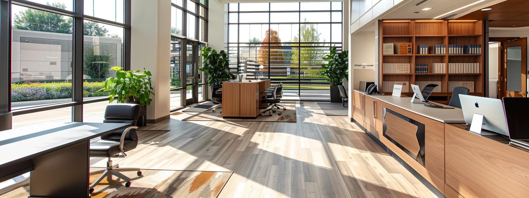 a modern suburban office setting featuring a sleek, well-organized workspace adorned with roofing materials samples and marketing brochures, conveying professionalism and clarity in choosing roofing companies in dublin, ohio.