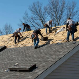 Professional roofing team working on a residential roof in Pickerington, showcasing quality materials and teamwork